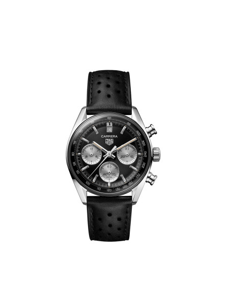 Montre TAG Heuer Carrera Chronographe Automatique Cadran noir compteurs gris acier Bracelet cuir noir 39 mm