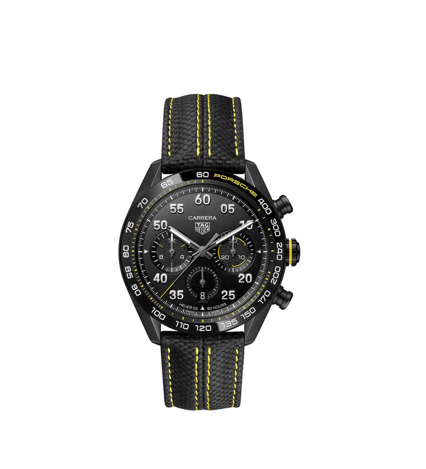 Montre TAG Heuer Carrera Porsche Chronographe - Edition Limitée - Cadran noir Bracelet en cuir noir et surpiqures jaunes 44mm