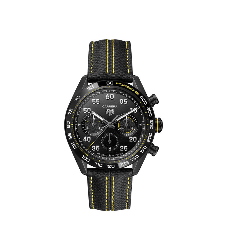 Montre TAG Heuer Carrera Porsche Chronographe Edition Limitée Cadran noir Bracelet en cuir noir et surpiqures jaunes 44mm