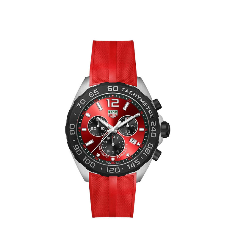 Montre TAG Heuer Formula 1 Chronographe à quartz Cadran rouge soleillé Bracelet caoutchouc rouge 43mm