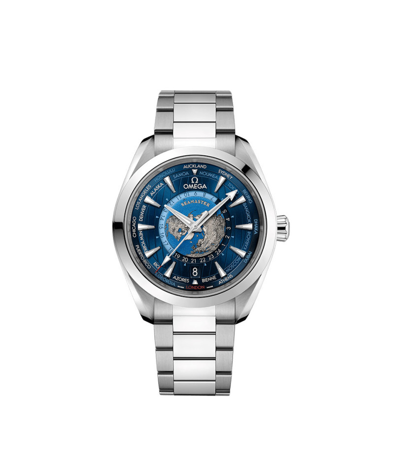 Montre Omega Seamaster Aqua Terra Worldtimer GMT 150M automatique cadran bleu bracelet acier 43mm
