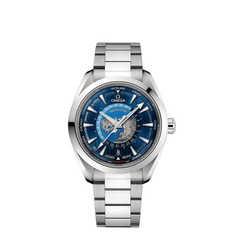 Montre Omega Seamaster Aqua Terra Worldtimer GMT 150M automatique cadran bleu bracelet acier 43mm