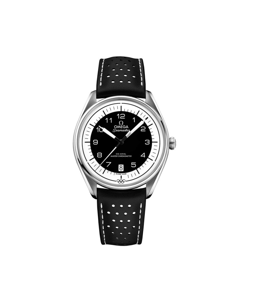 Montre Omega Seamaster Chronométreur Officiel des Jeux Olympiques cadran noir bracelet cuir de veau noir perforé 39,5mm
