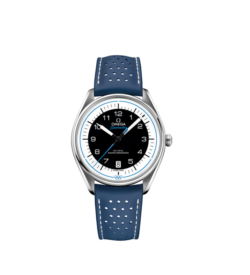 Montre Omega Seamaster Chronométreur Officiel des Jeux Olympiques cadra noir bracelet cuir de veau bleu perforé 39,5mm