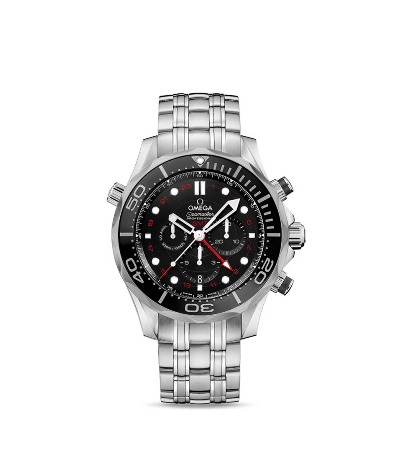 Montre Omega Seamaster Diver 300m Chronographe GMT automatique cadran noir bracelet acier 44mm