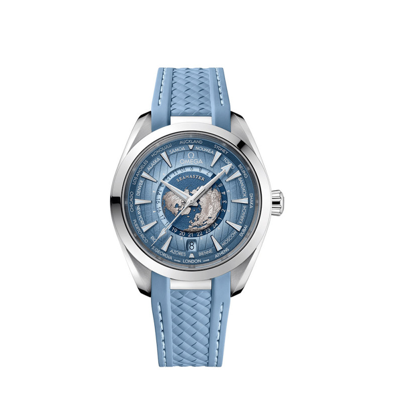 Montre Omega Seamaster Aqua Terra Worldtimer GMT 150M automatique cadran bleu bracelet caoutchouc bleu 43mm