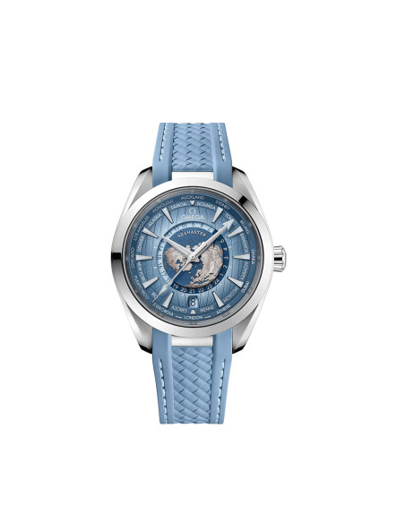 Montre Omega Seamaster Aqua Terra Worldtimer GMT 150M automatique cadran bleu bracelet caoutchouc bleu 43mm