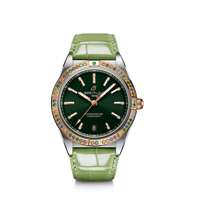 Montre Breitling Chronomat South Sea Capsule automatique cadran vert index diamants bracelet en cuir d'alligator vert 36mm