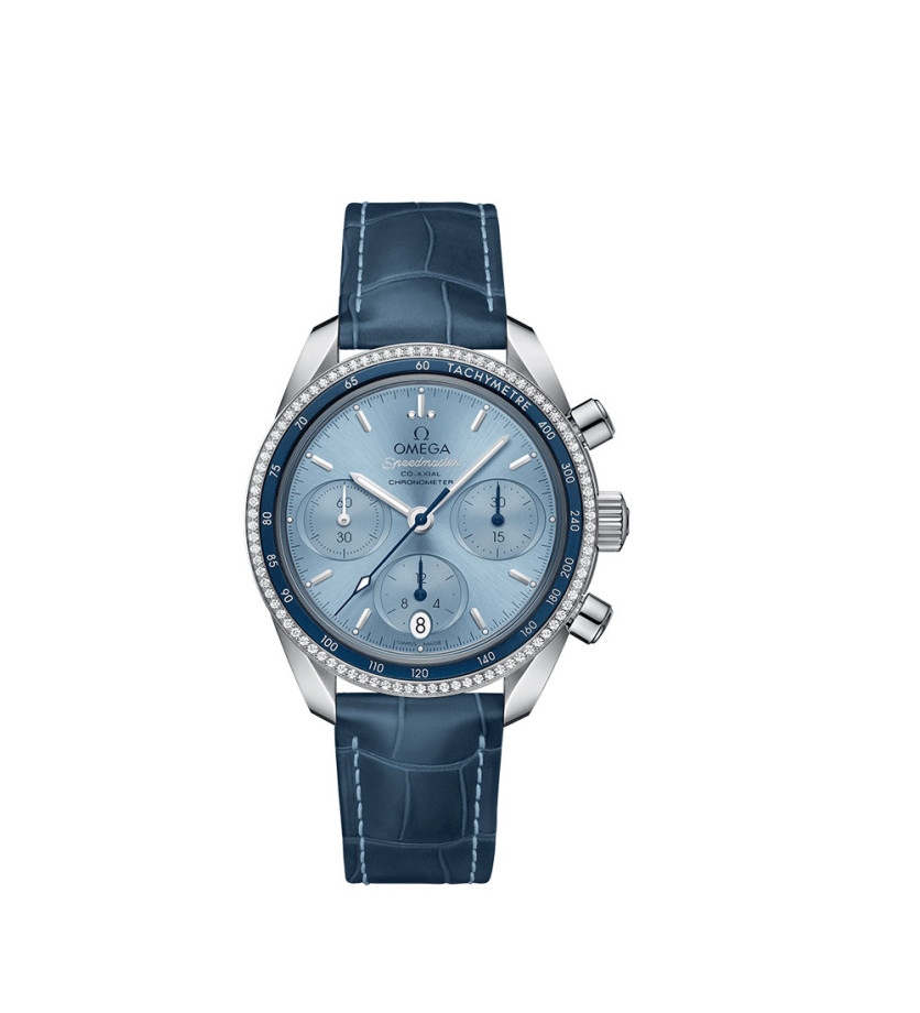 Montre Omega Speedmaster 38 Chronographe automatique cadran bleu index diamants bracelet en cuir d'alligator bleu 38mm