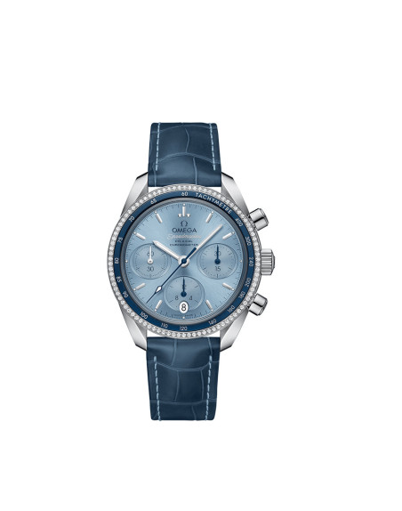 Montre Omega Speedmaster 38 Chronographe automatique cadran bleu index diamants bracelet en cuir d'alligator bleu 38mm