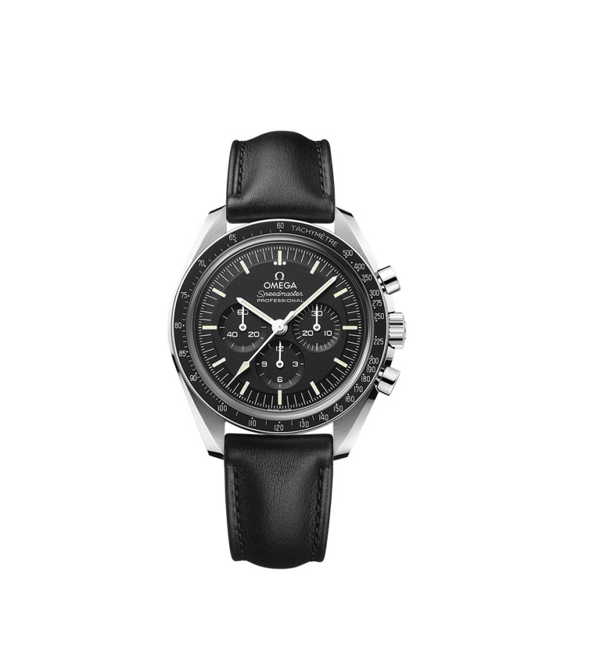 Montre Omega Speedmaster Moonwatch Professional Chronographe manuel cadran noir bracelet cuir de veau noir 42mm