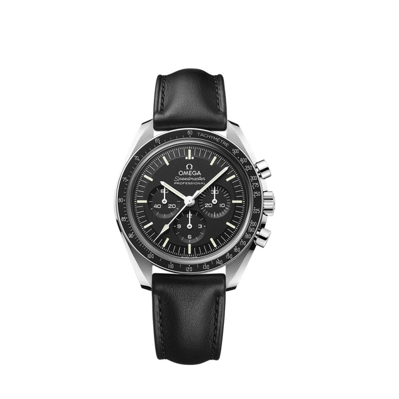 Montre de luxe Omega Speedmaster Moonwatch Professional Chronographe manuel cadran noir bracelet cuir de veau noir 42mm