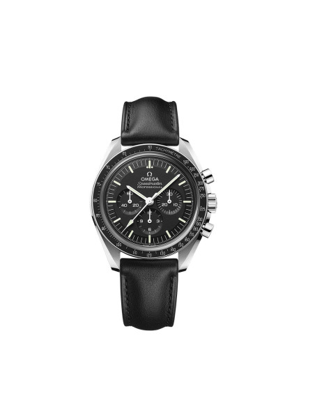 Montre Omega Speedmaster Moonwatch Professional Chronographe manuel cadran noir bracelet cuir de veau noir 42mm