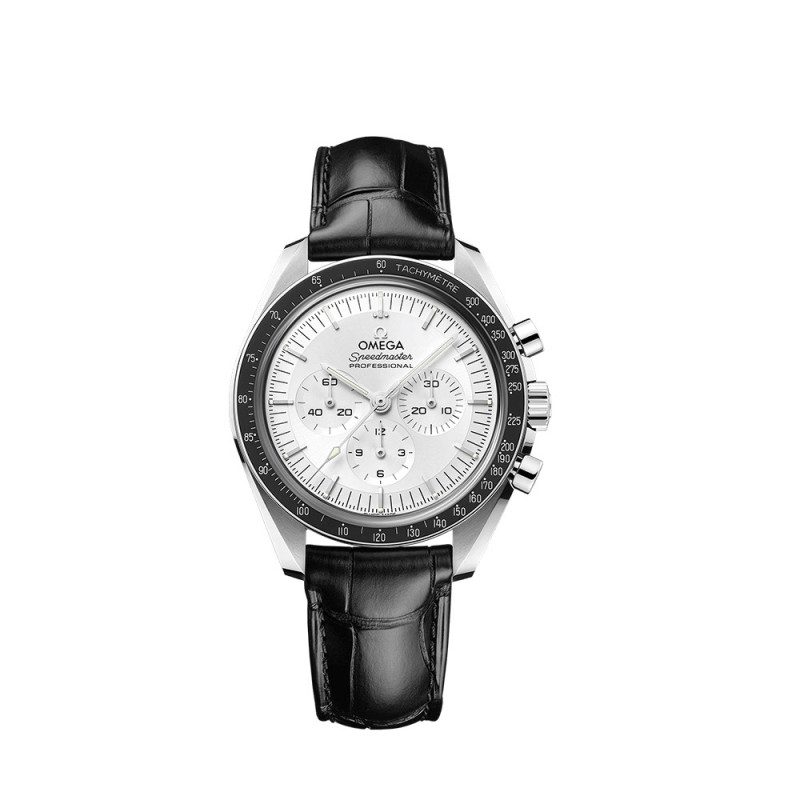 Montre Omega Moonwatch Professional Chronographe à remontage manuel cadran argent bracelet cuir d'alligator noir 42mm