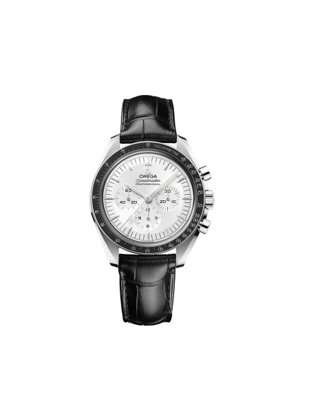Montre Omega Moonwatch Professional Chronographe à remontage manuel cadran argent bracelet cuir d'alligator noir 42mm