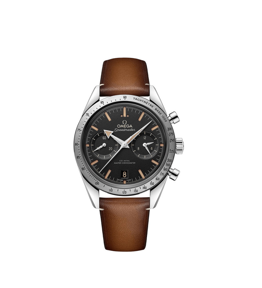 Montre Omega Speedmaster '57 Chronographe à remontage manuel cadran noir bracelet cuir de veau brun 40,5mm