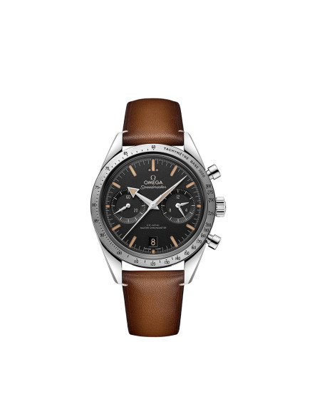 Montre Omega Speedmaster '57 Chronographe à remontage manuel cadran noir bracelet cuir de veau brun 40,5mm