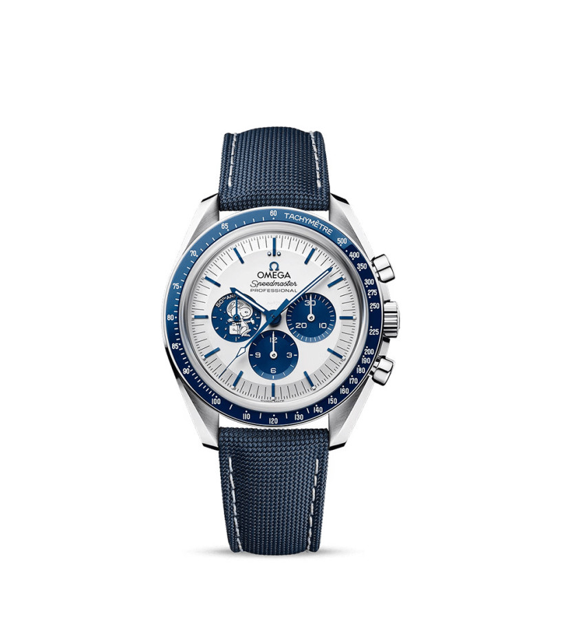 Montre Omega Speedmaster "Silver Snoopy Award" Chronographe manuel cadran argent bracelet en cuir de veau bleu 42mm