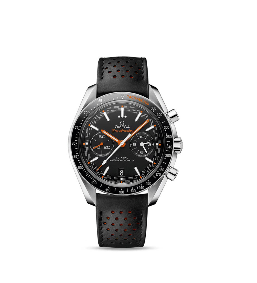Montre Omega Speedmaster Racing Chronographe automatique cadran noir bracelet en cuir de veau noir perforé 44,25mm