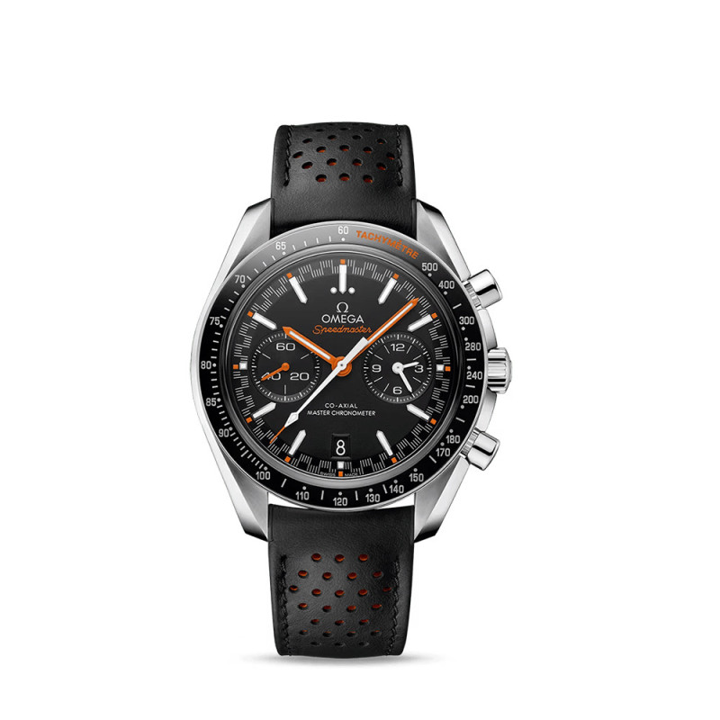 Montre Omega Speedmaster Racing Chronographe automatique cadran noir bracelet en cuir de veau noir perforé 44,25mm