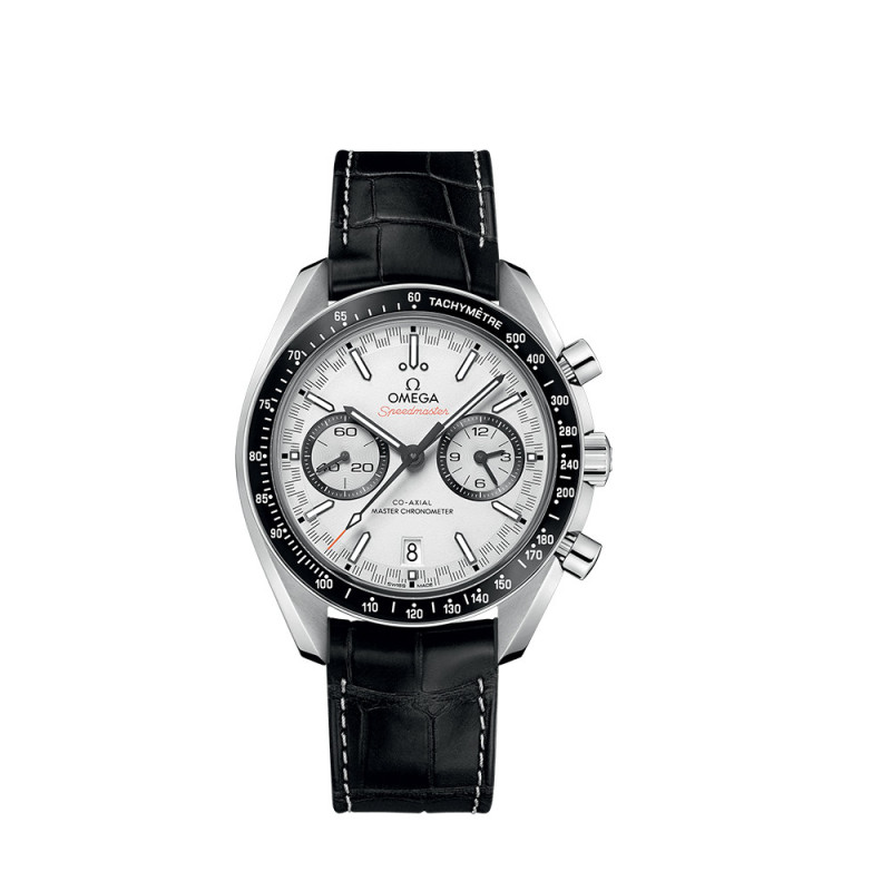 Montre Omega Speedmaster Racing Chronographe automatique cadran blanc bracelet en cuir d'alligator noir 44,25mm