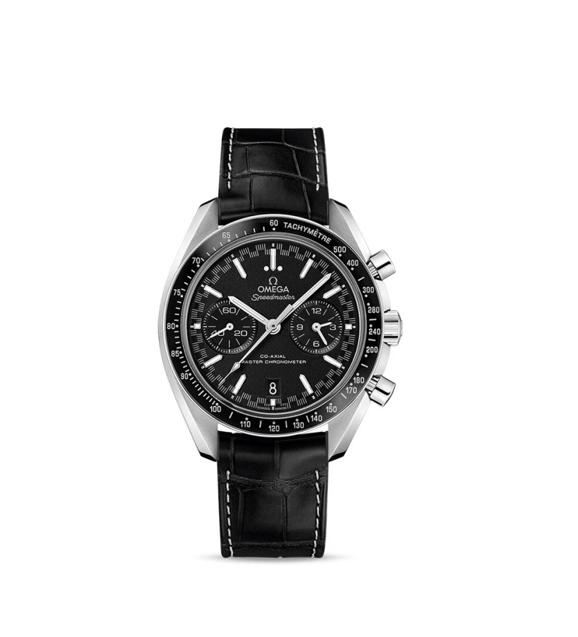 Montre Omega Speedmaster Racing Chronographe automatique cadran noir bracelet en cuir d'alligator noir 44,25mm