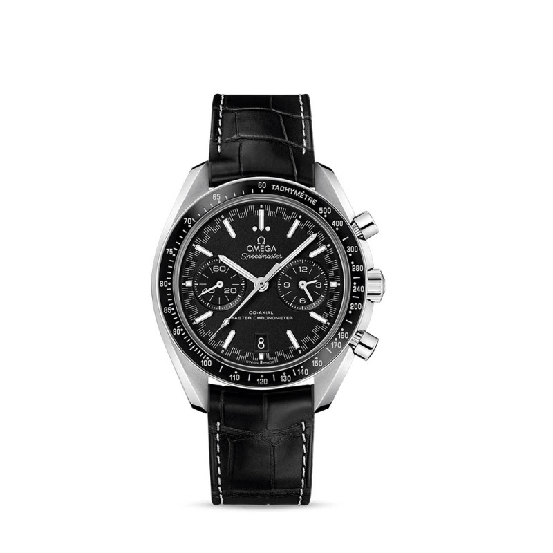 Montre Omega Speedmaster Racing Chronographe automatique cadran noir bracelet en cuir d'alligator noir 44,25mm