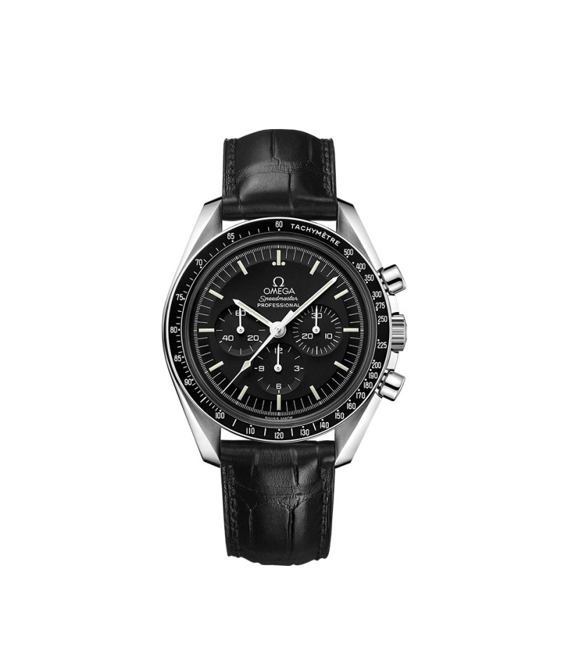 Montre Omega Speedmaster Moonwatch Professional Chronographe manuel cadran noir bracelet cuir d'alligator noir 42mm