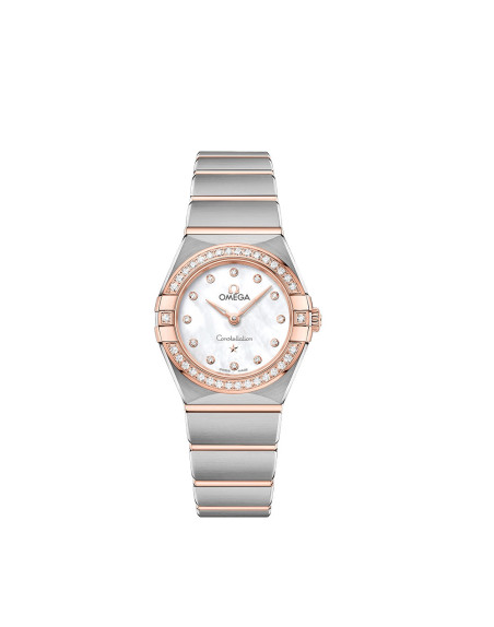 Montre Omega Constellation quartz cadran blanc index diamants bracelet en acier et Or Sedna 25mm