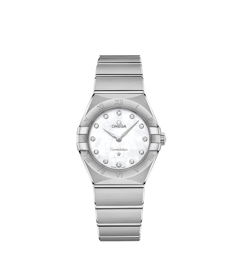 Montre Omega Constellation quartz cadran blanc index diamants bracelet en acier 28mm