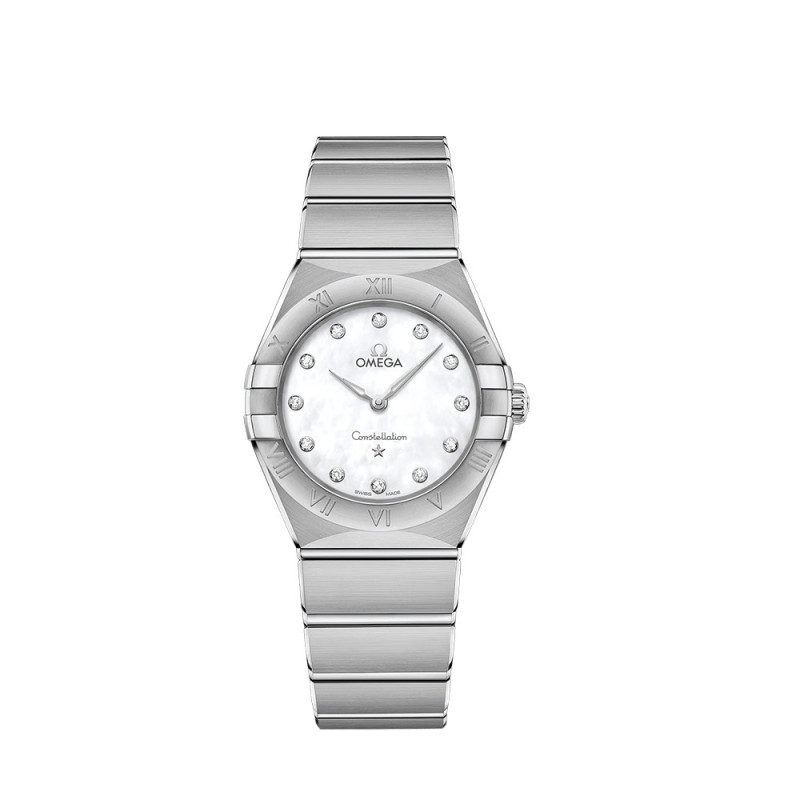 Montre Omega Constellation quartz cadran blanc index diamants bracelet en acier 28mm