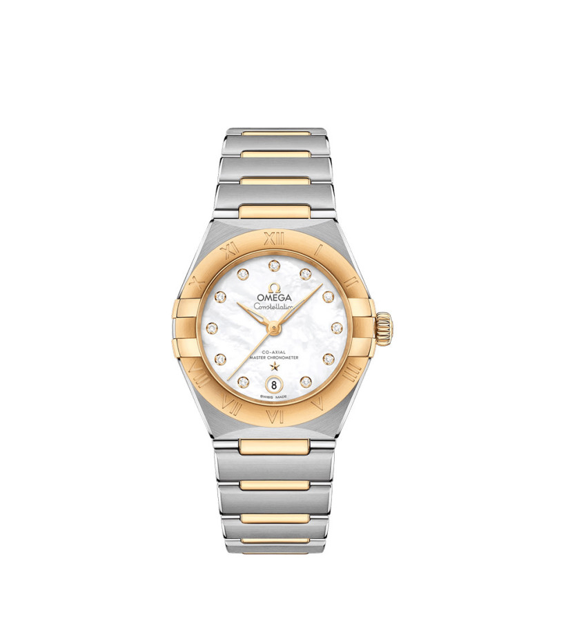 Montre Omega Constellation automatique cadran blanc index diamants bracelet en acier et or jaune 18K 29mm