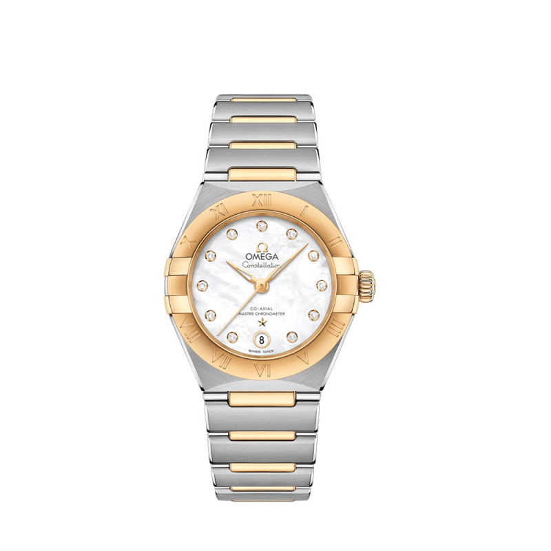 Montre Omega Constellation automatique cadran blanc index diamants bracelet en acier et or jaune 29mm