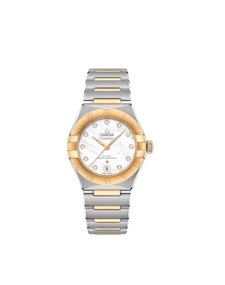 Montre Omega Constellation automatique cadran blanc index diamants bracelet en acier et or jaune 18K 29mm