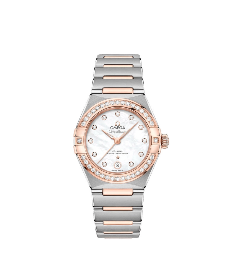 Montre Omega Constellation automatique cadran nacre blanche index diamants bracelet en acier et Or Sedna 29mm