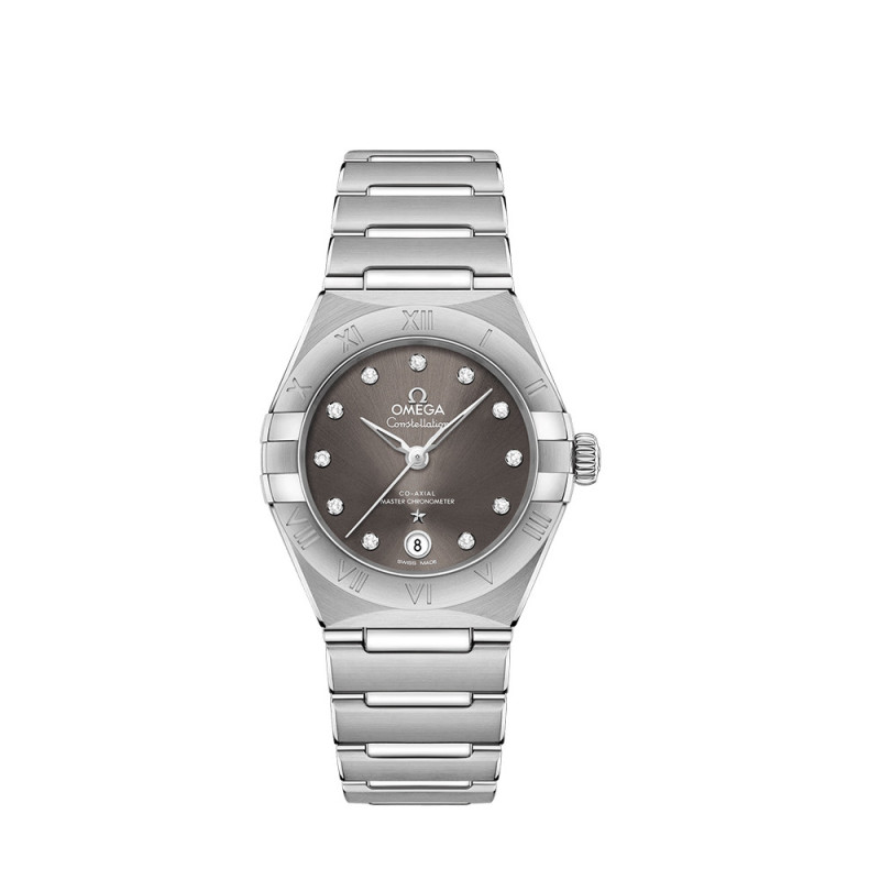 Montre Omega Constellation automatique cadran gris index diamants bracelet acier 29mm