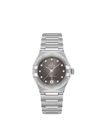 Montre Omega Constellation automatique cadran gris index diamants bracelet acier 29mm