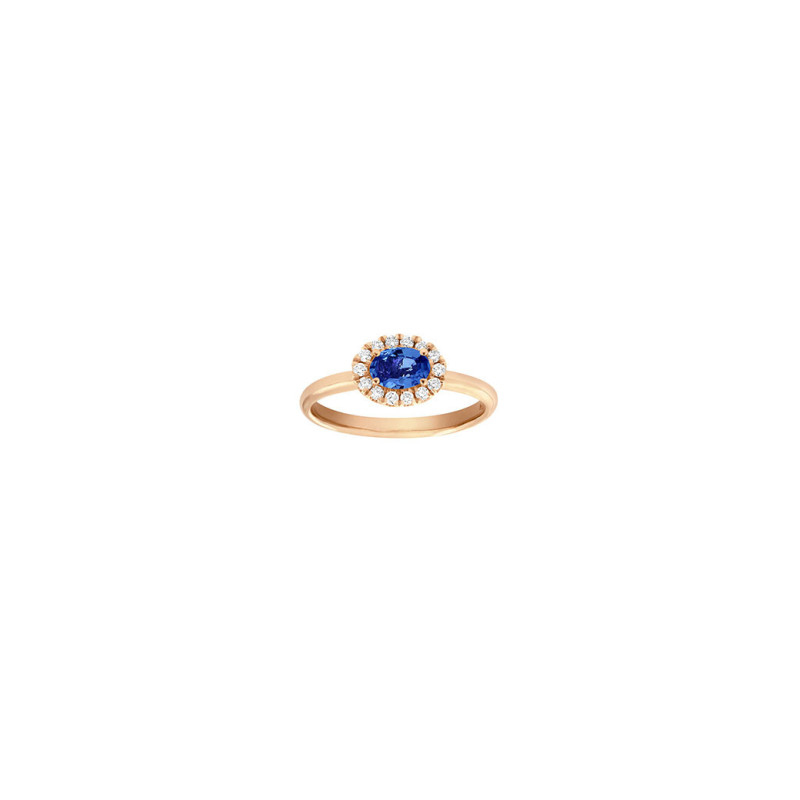 Bague or rose saphir bleu ovale diamants