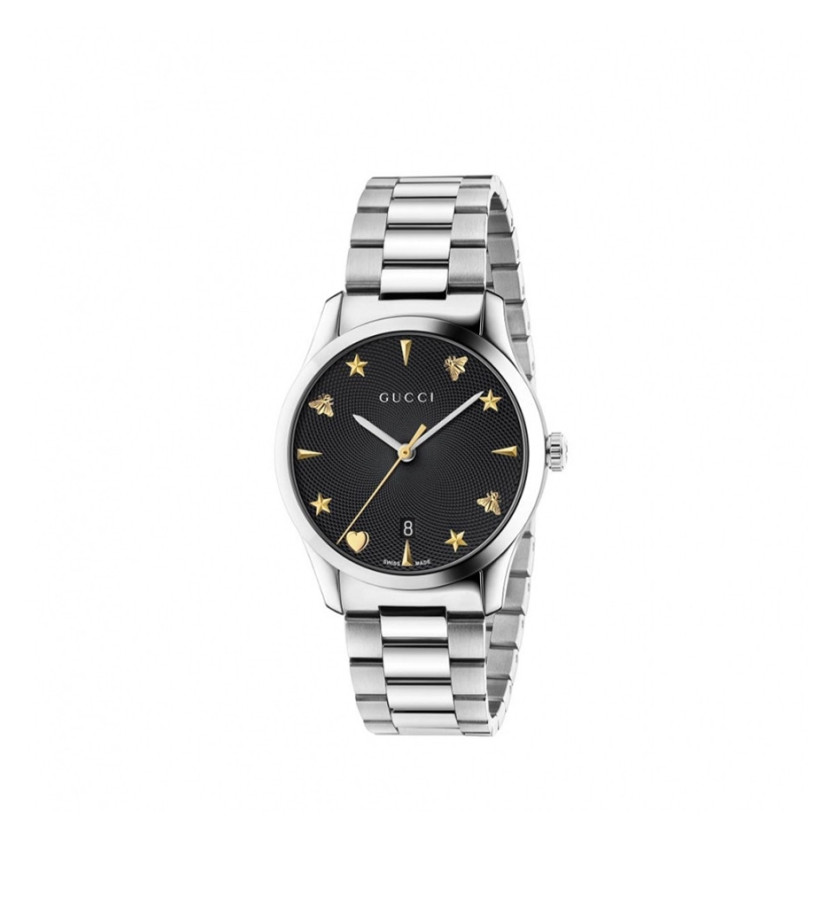 Montre Gucci G-Timeless 38 mm quartz acier cadran guilloché noir bracelet acier