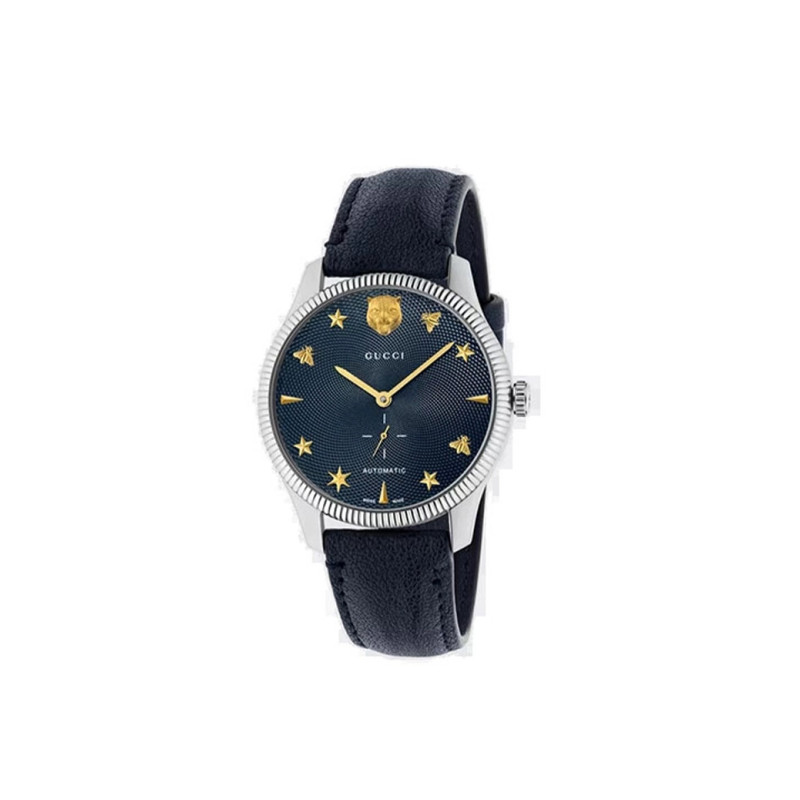 Montre Gucci G-Timeless 40mm quartz acier cadran guilloché bleu bracelet cuir