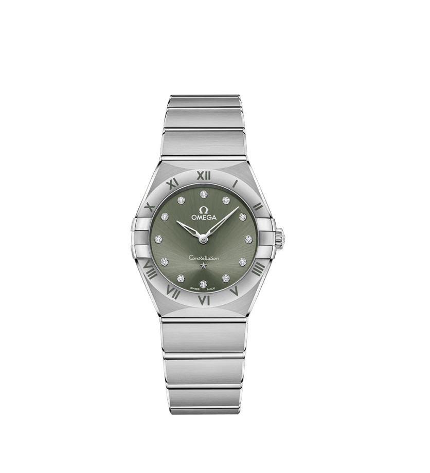 Montre Omega Constellation quartz cadran vert index diamants bracelet acier 28mm