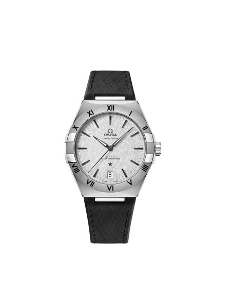 Montre Omega Constellation automatique cadran gris rhodium bracelet caoutchouc noir 41mm