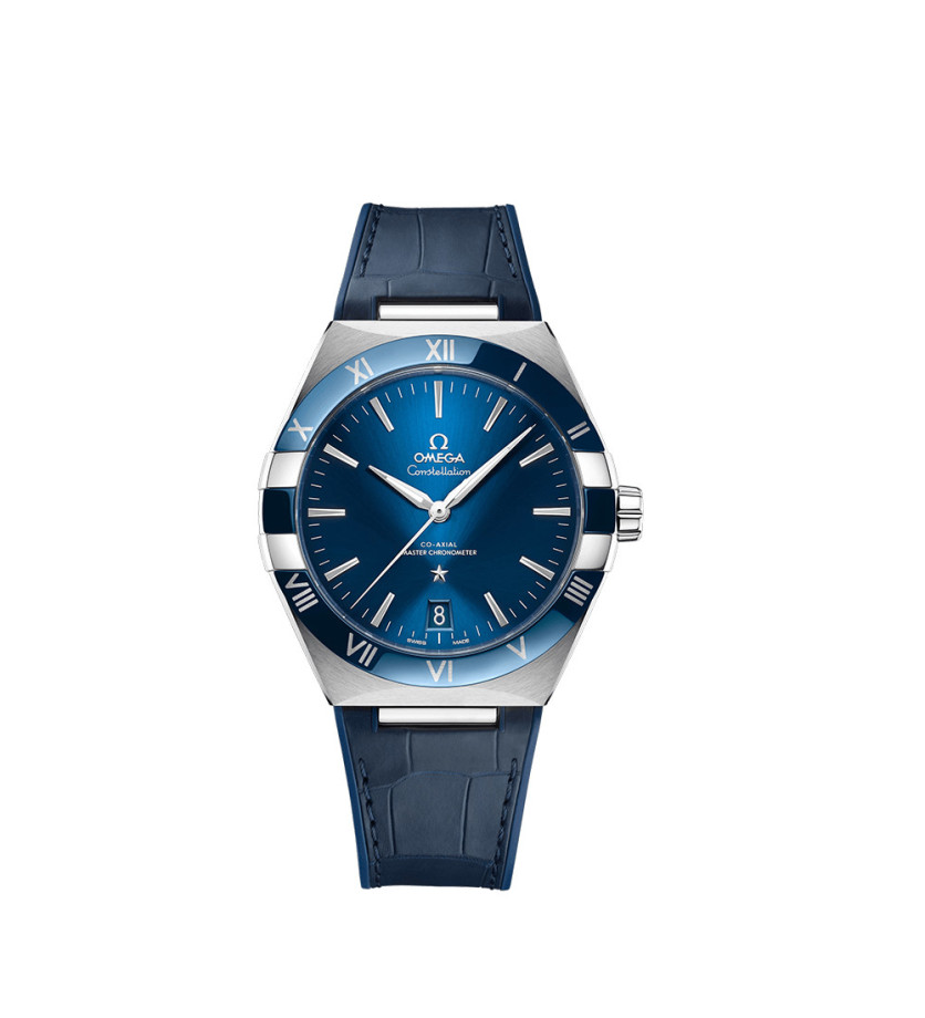 Montre Omega Constellation automatique cadran bleu bracelet cuir d'alligator et caoutchouc bleu 41mm