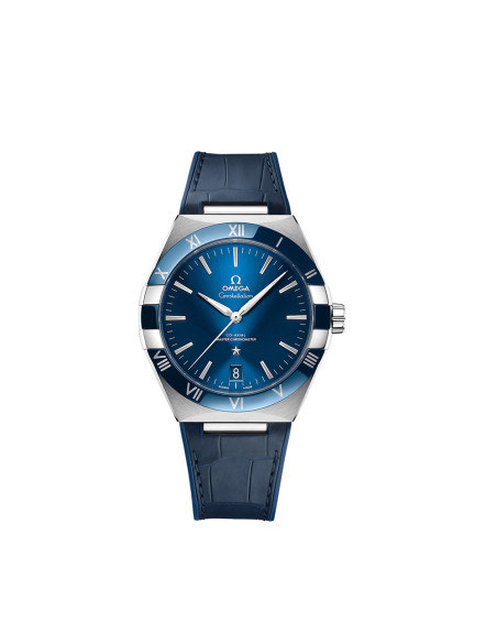 Montre Omega Constellation automatique cadran bleu bracelet cuir d'alligator et caoutchouc bleu 41mm