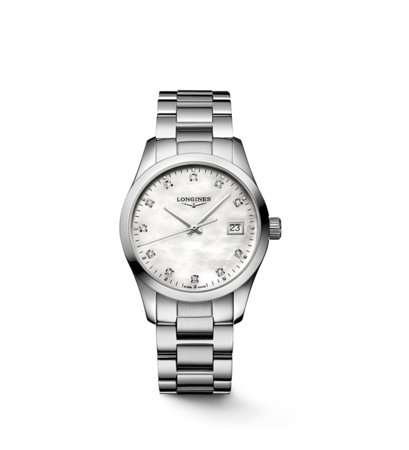 Montre Longines Conquest Classic quartz cadran nacre blanche index diamants bracelet acier 34mm