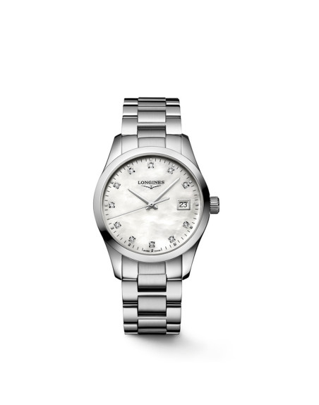 Montre Longines Conquest Classic quartz cadran nacre blanche index diamants bracelet acier 34mm