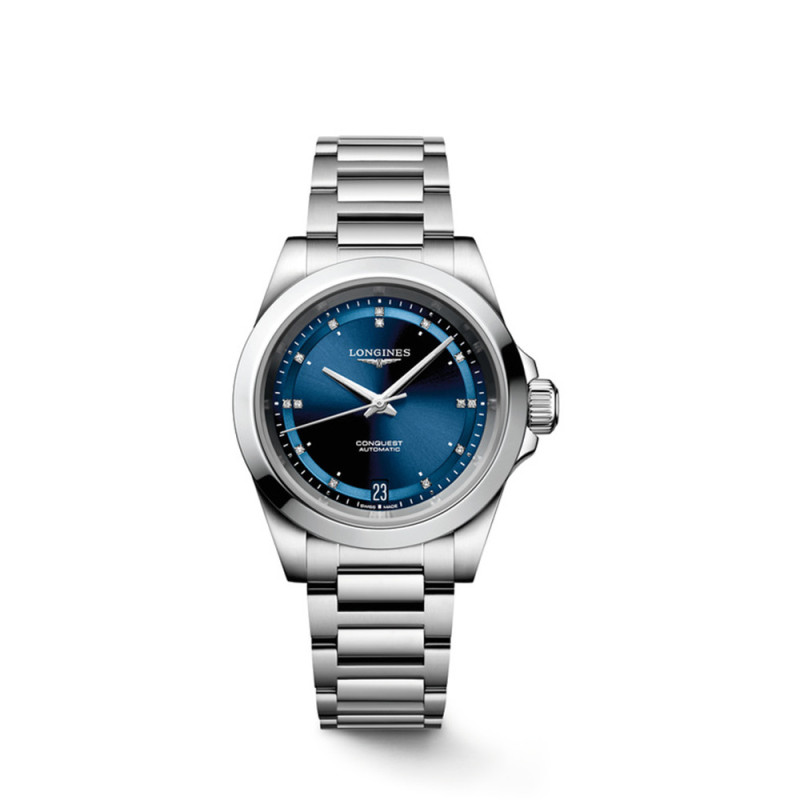 Montre Longines Conquest automatique cadran bleu soleillé index diamants bracelet acier 34 mm
