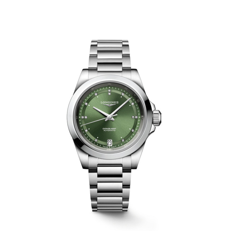 Montre Longines Conquest automatique cadran Sunray Green index diamants bracelet acier 34mm