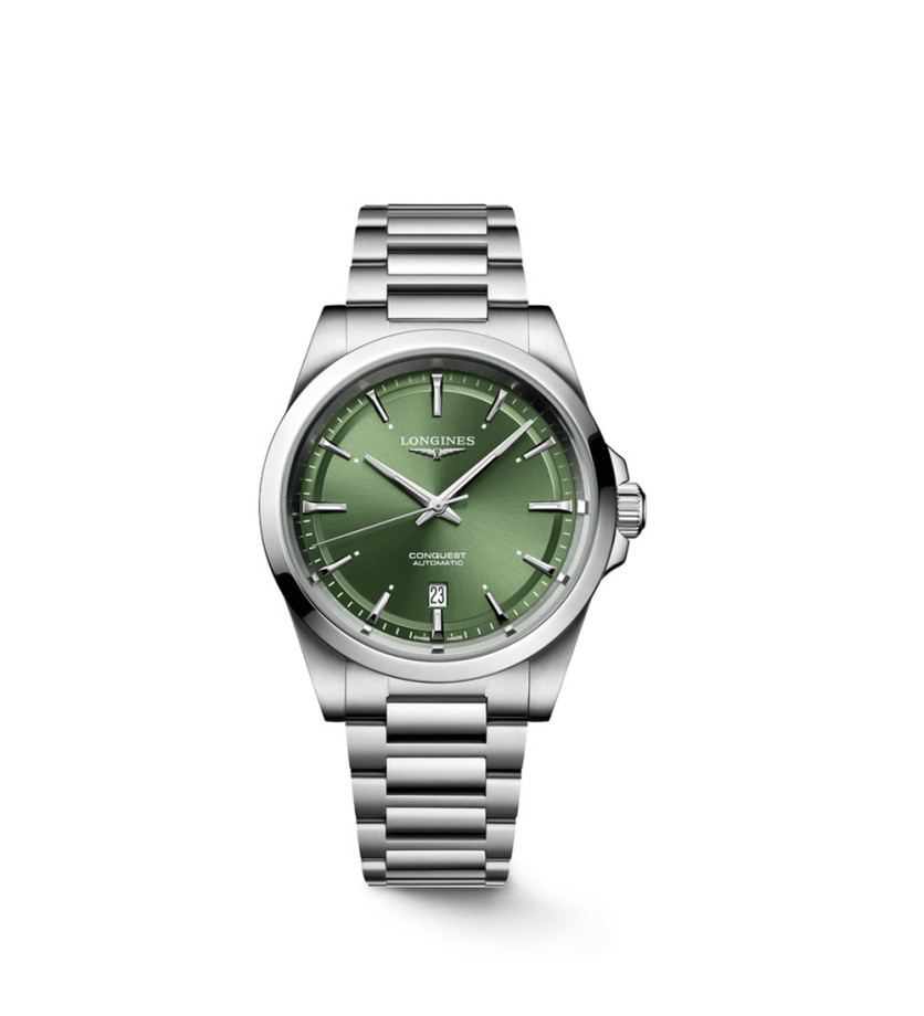 Montre Longines Conquest automatique cadran Sunray Green bracelet acier 41mm