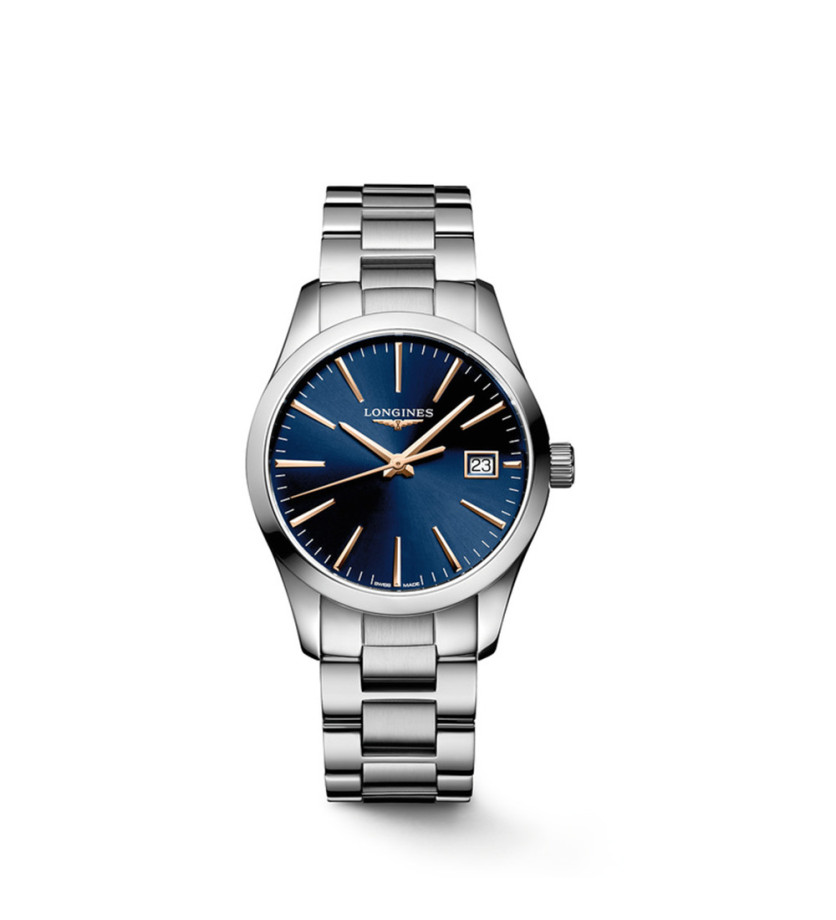 Montre Longines Conquest Classic quartz cadran bleu bracelet acier 34mm